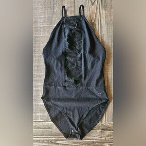 PINK Victorias Secret Womens Bodysuit XS Black Sleeveless Lace High Neck Top